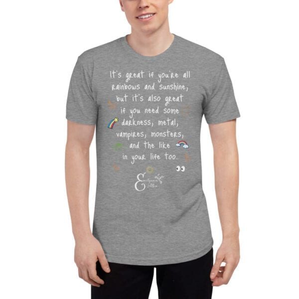 Rainbows, sunshine, vampires, and monsters quote by Emilyann Allen short sleeve soft t-shirt