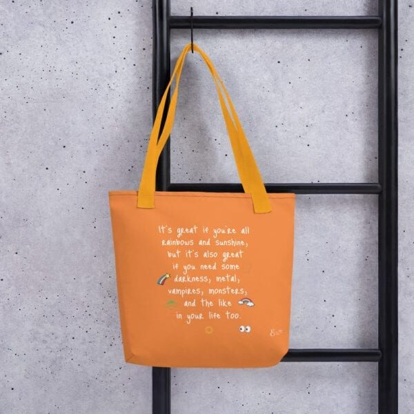 Rainbows, sunshine, vampires, and monsters quote by Emilyann Allen tote bag