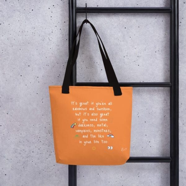 Rainbows, sunshine, vampires, and monsters quote by Emilyann Allen tote bag